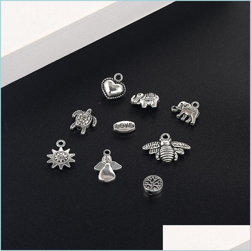 

Charms Vintage Sier Animal Elephant Heart Love Angle Turtle Bee Sunflower Tree Pendant Charm For Bracelet Necklace Cute Diy Jewelry Dhfvm