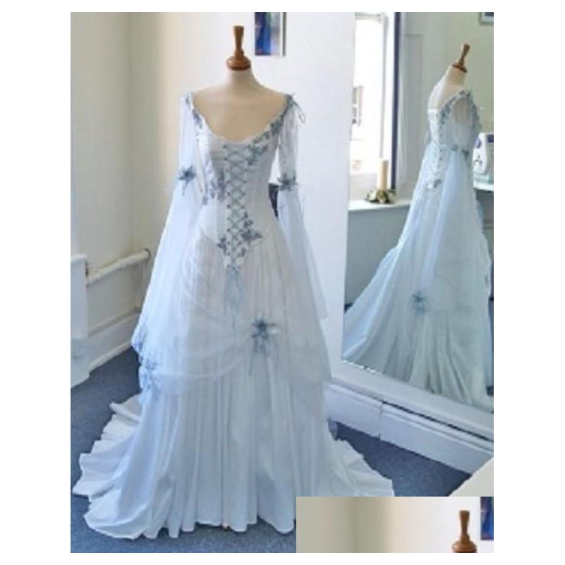 

A-Line Wedding Dresses Vintage Celtic White And Pale Blue Colorf Medieval Bridal Gowns Scoop Neckline Corset Long Bell Sleeves Appli Dhx7P