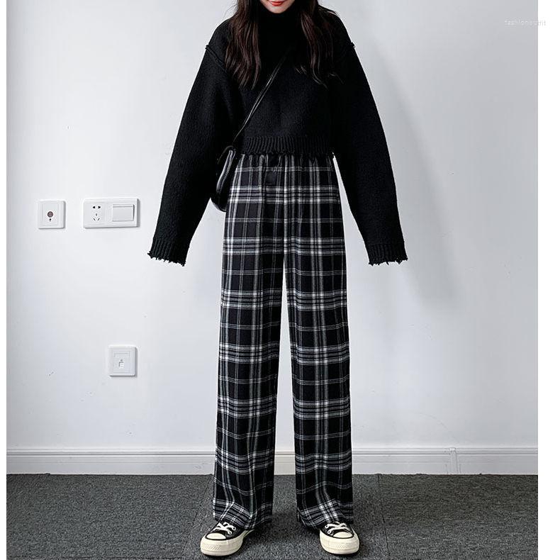 

Women' Pants Women Casual Elastic Waist Trendy Comfort College Korean Style Full Length Trousers Teen Summer All Match Plaid Loose Pant, Sky blue plaid