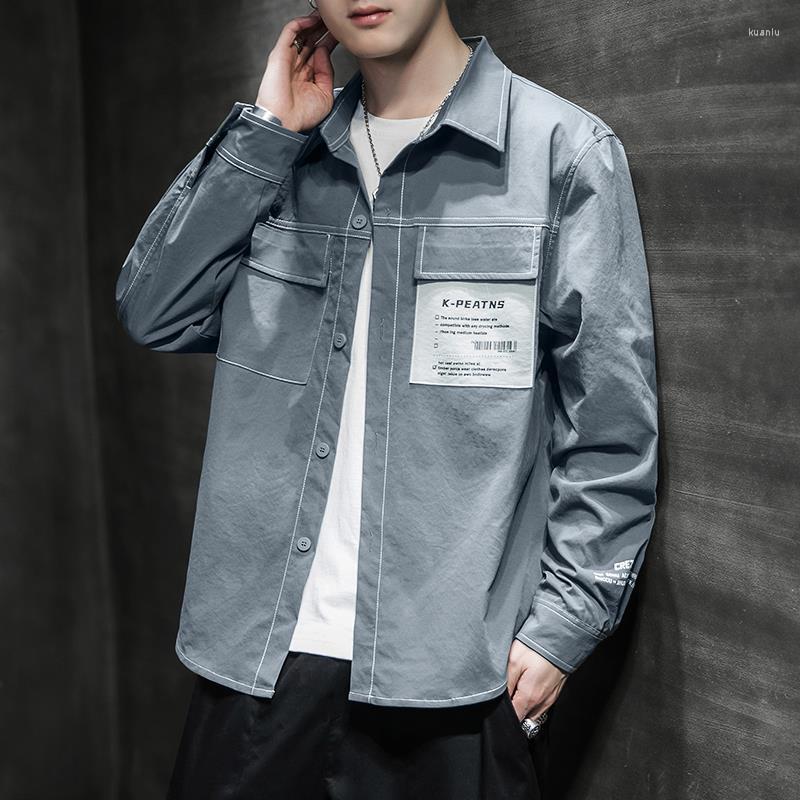 

Men's Casual Shirts Fashion Lapel Button Spliced Letter Pockets Men's Clothing 2022 Autumn Loose Tops All-match Korean Shirt, Green