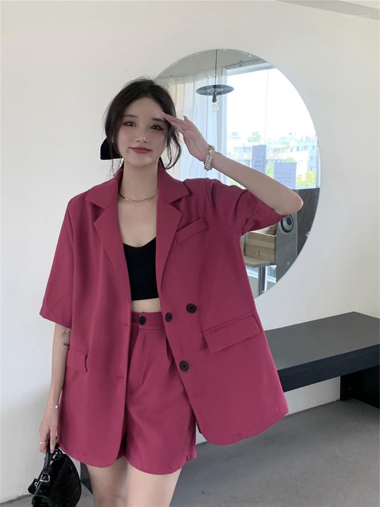 

Women's Tracksuits Office Lady Blazer Sets Summer Two Piece Set Womens Outfits Short Sleeve Jacket Elastic Waist Wide Leg Shorts Suits 2, Black two piece set