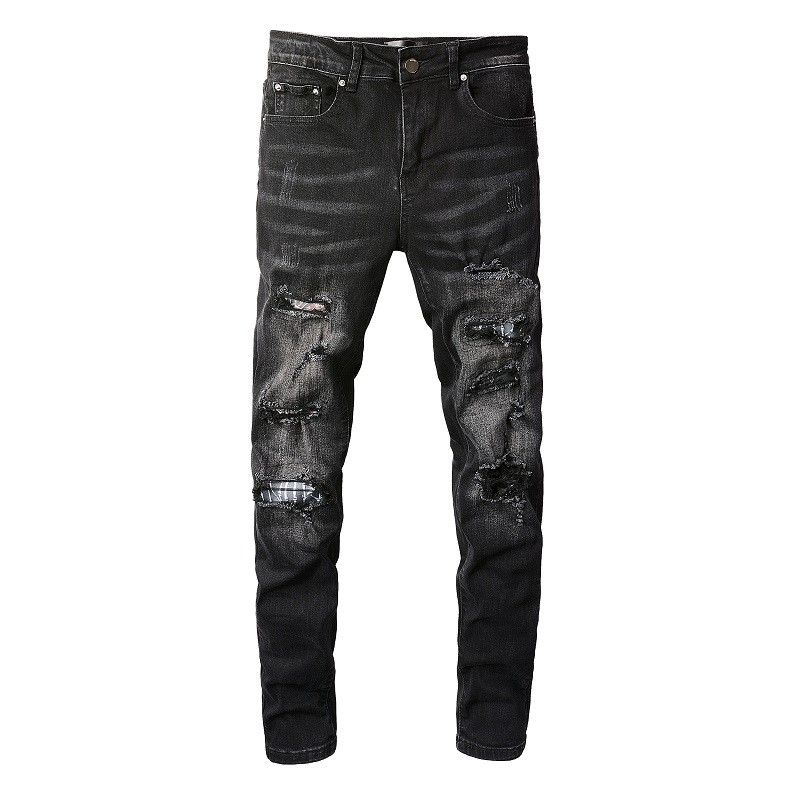 

AMR Casual Pencil Pants Slim Fit Mens Jeans Letter Print Patchwork Trousers for Men Ripped Holes Pocket Zipper Jean, Black