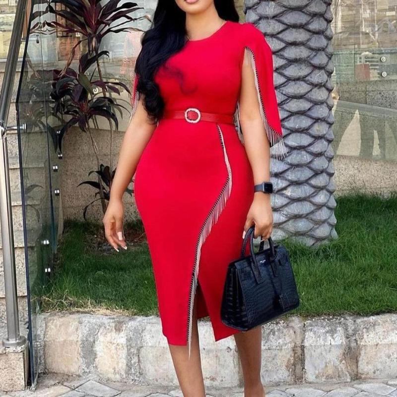 

Casual Dresses 2022 Summer For Women Solid Batwing Sleeve Tassel Bodycon High Waisted Mid Calf Round Neck Formal Business Work, Green dress