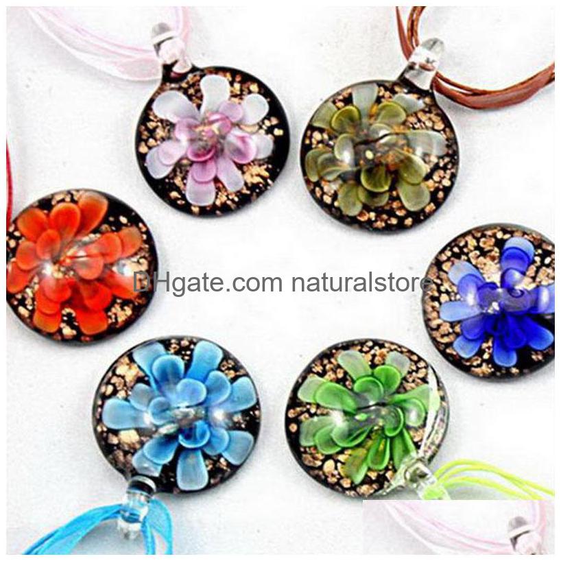 

Pendant Necklaces New Round Lampwork Glass Necklace Fashion Art 3D Flower Gold Dust Jewelry Drop Delivery Pendants Dh5Qu
