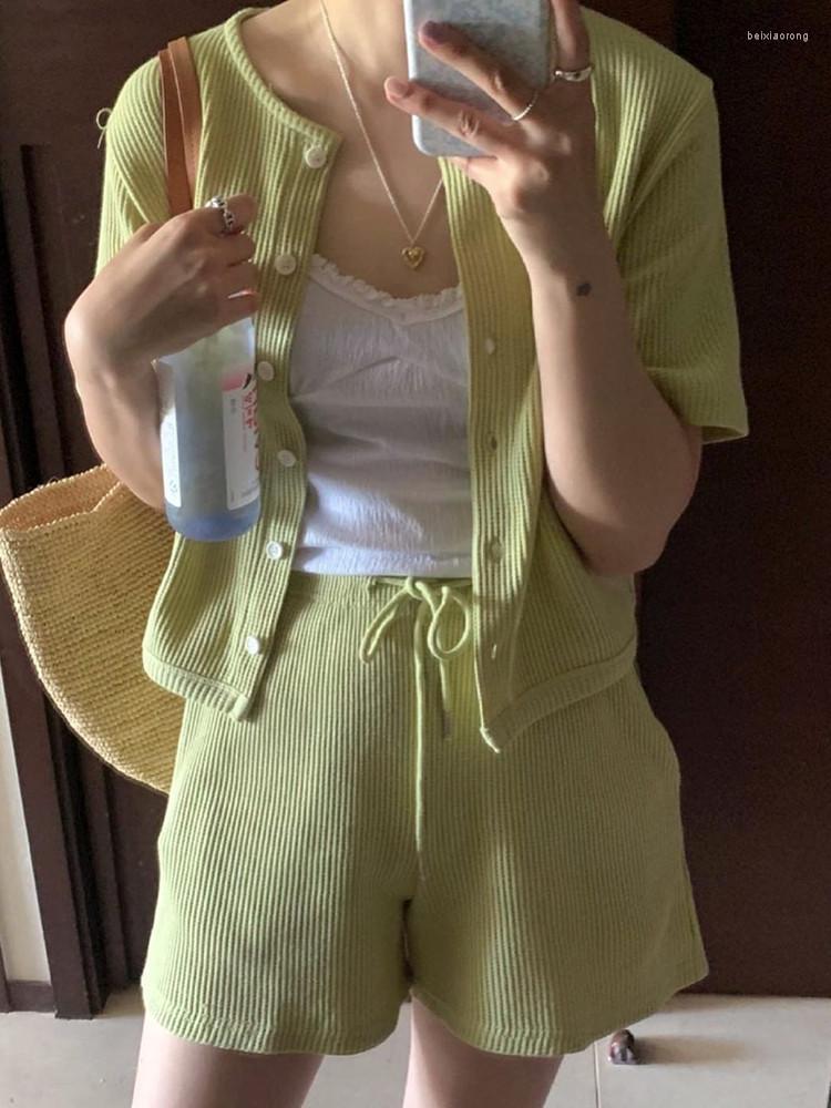 

Women's Tracksuits Summer Two Piece Set Womens Outfits Short Sleeve Single Breasted Chic Tops Drawstring Shorts Suits Ensemble Femme 2, Picture color set