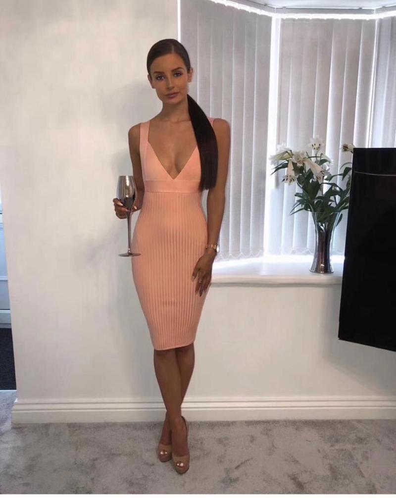

Casual Dresses High Quality Women Solid Stretch Bandage Dress Style Fashion Pink Sleeveless V Neck Sexy Cocktail Celebrity Party