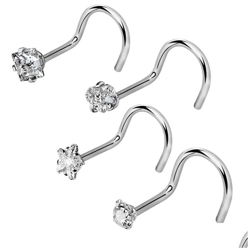 

Nose Rings Studs 4Pcs/Lot 4 Shapes Rhinestone Ring 20G Surgical Steel Twisted Screw Body Piercing Crystal Nostril Jewelry 870 R2 D Dh68Q
