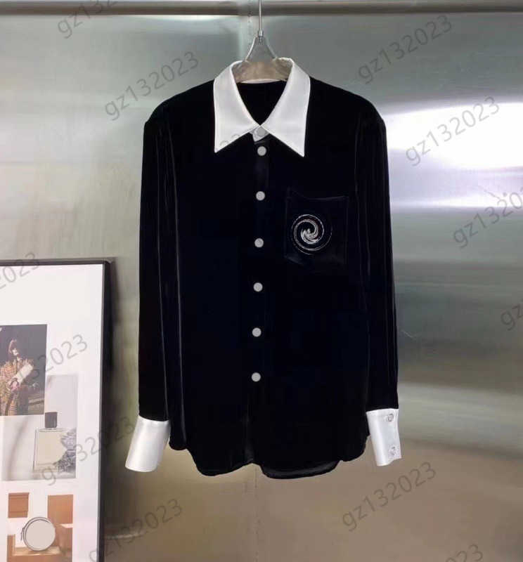 

Womens Blouses Tops Velvet Fabric Hot Drill Custom Brooch Brand Blouse Contrast Color Spliced Lapels Button Flap Shirts Fashion Designer Women Clothing 1970, 16