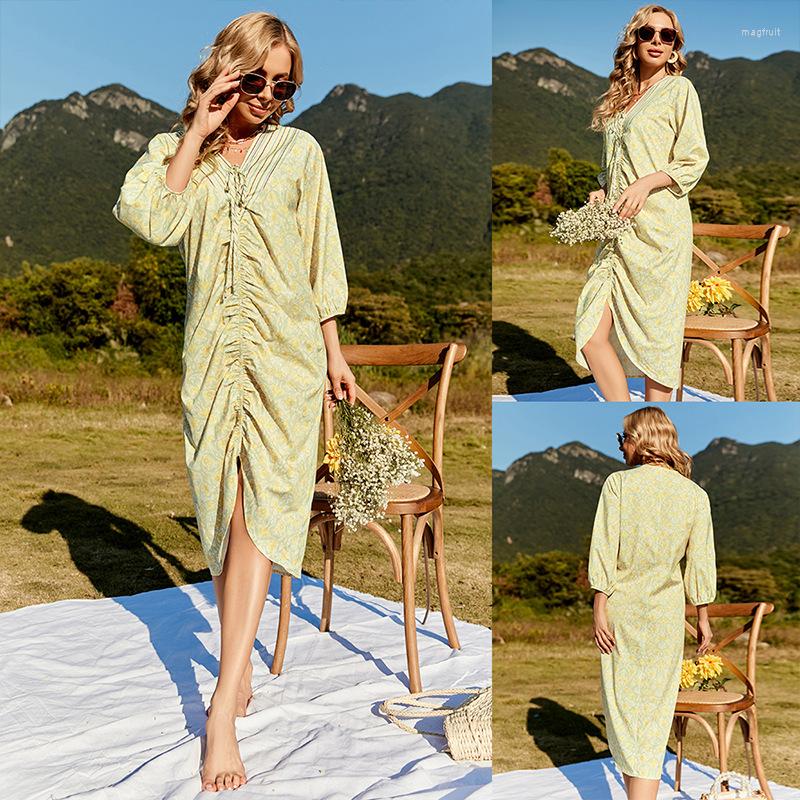 

Casual Dresses Women' 2022 Autumn Print Fashion 3/4 Sleeve V-Neck Sexy Slim Irregular Pleated Dress Pencil, Yellow