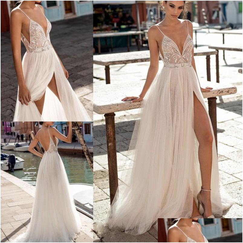 

A-Line Wedding Dresses Gali Karten Beach Side Split Spaghetti Sexy Illusion Boho Aline Pearls Backless Bohemian Bridal Drop Delivery Dhvau, Just for a wedding gloves
