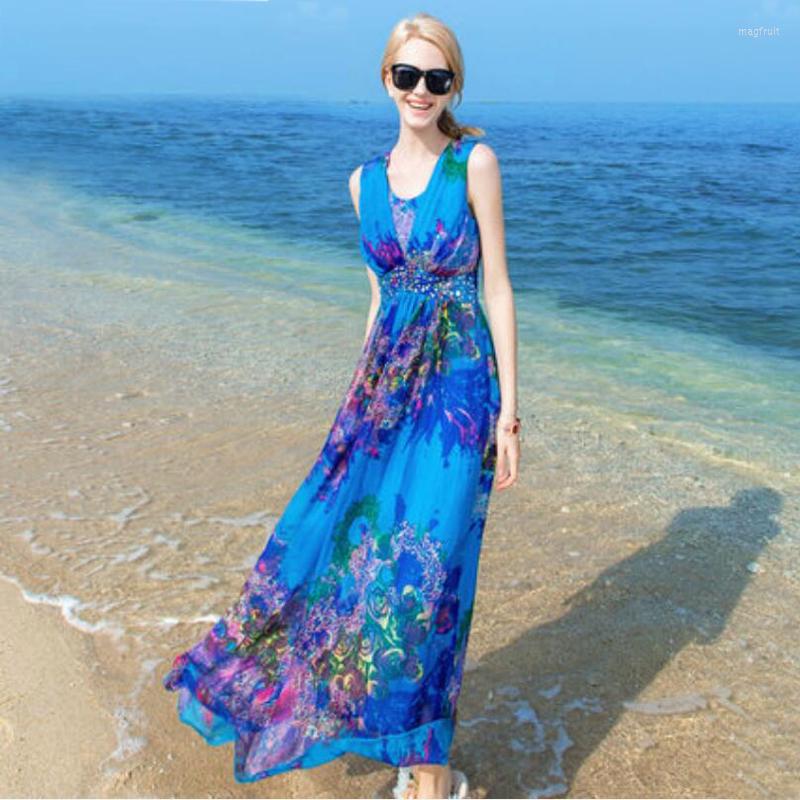 

Casual Dresses Women Shell Silk Dress Beach Vintage Natural Blue Floral Print Holiday Summer Sell, Picture shown