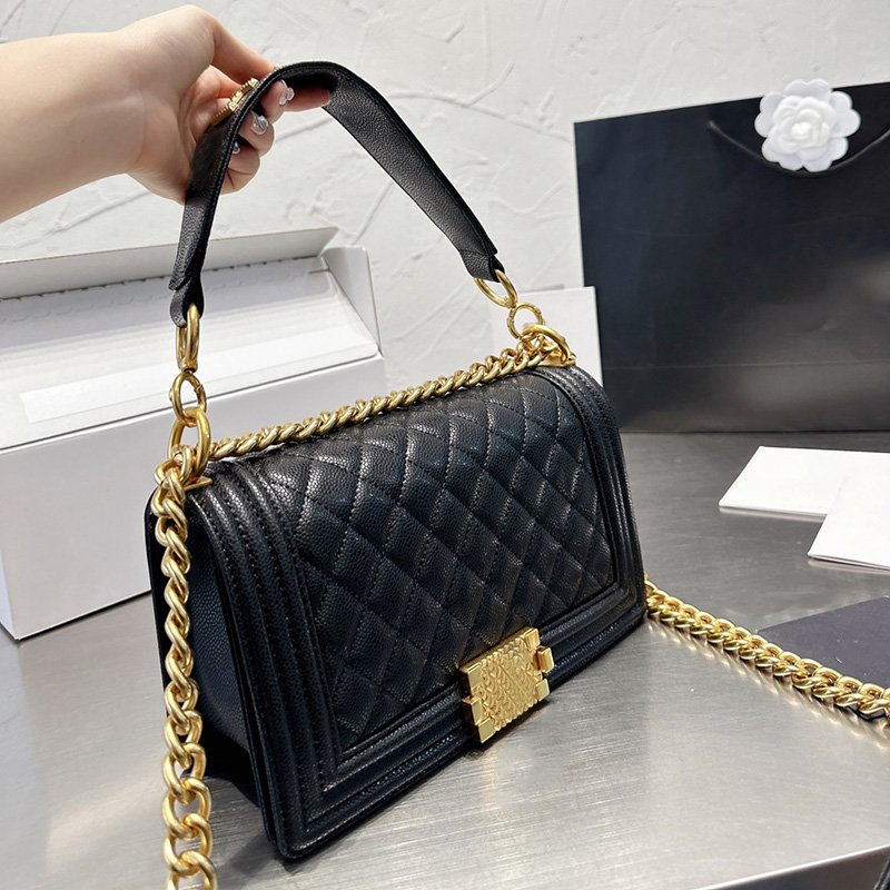 

France Womens Classic Flap Sac Boy Bags Caviar Leather Calfskin Real Leather Wild Handle Totes Shoulder Strap With Letter Adjustable Crossbody Quilted Handbag 25CM, Box