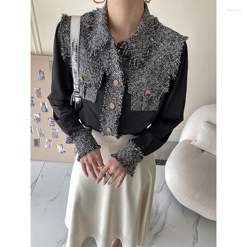 

Women's Blouses 2022 Spring Fashion Women Shirts Casual Office Print Button Long Sleeve Elegant Patchwork Slim Tops Woman, Black