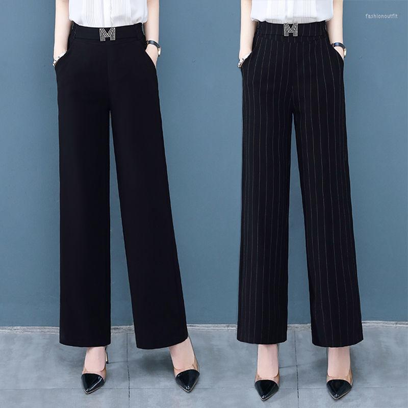 

Women's Pants Women Clothing Office Lady Striped Black High Waist Wide Leg Autumn Simplicity Slim Elastic Ladies Fashion Trousers, Black trousers