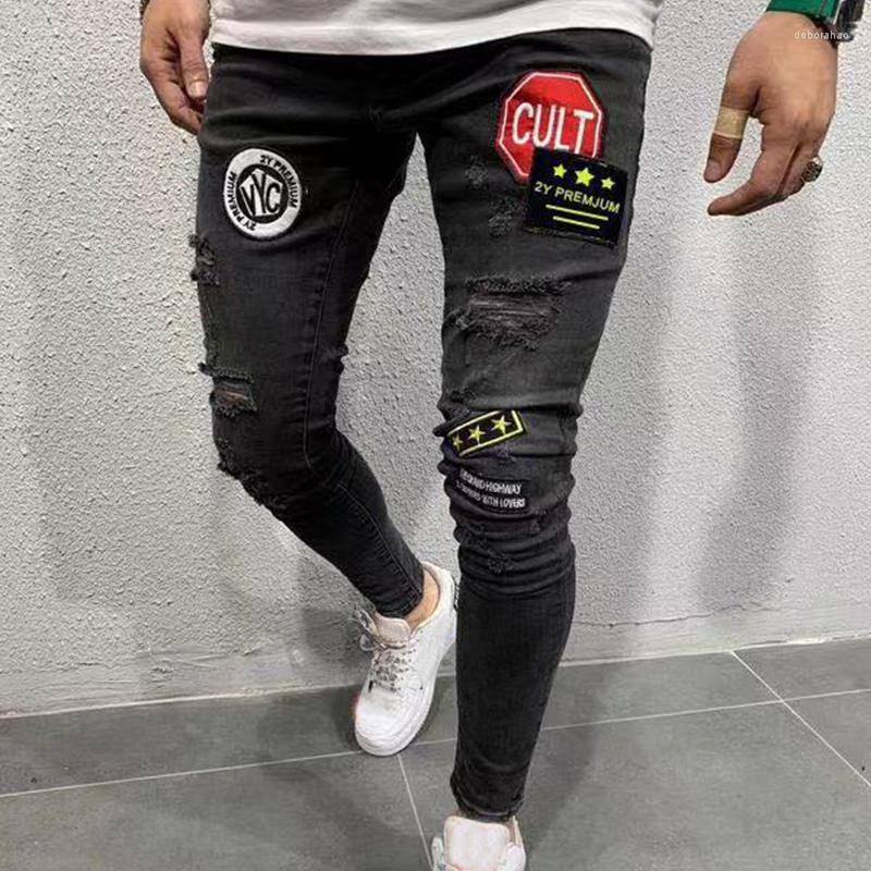 

Men' Jeans Letter Embroidery Distressed Men Casual Stretch Skinny Black Ripped Male Fashion Destroyed Frayed Denim Pencil Pants