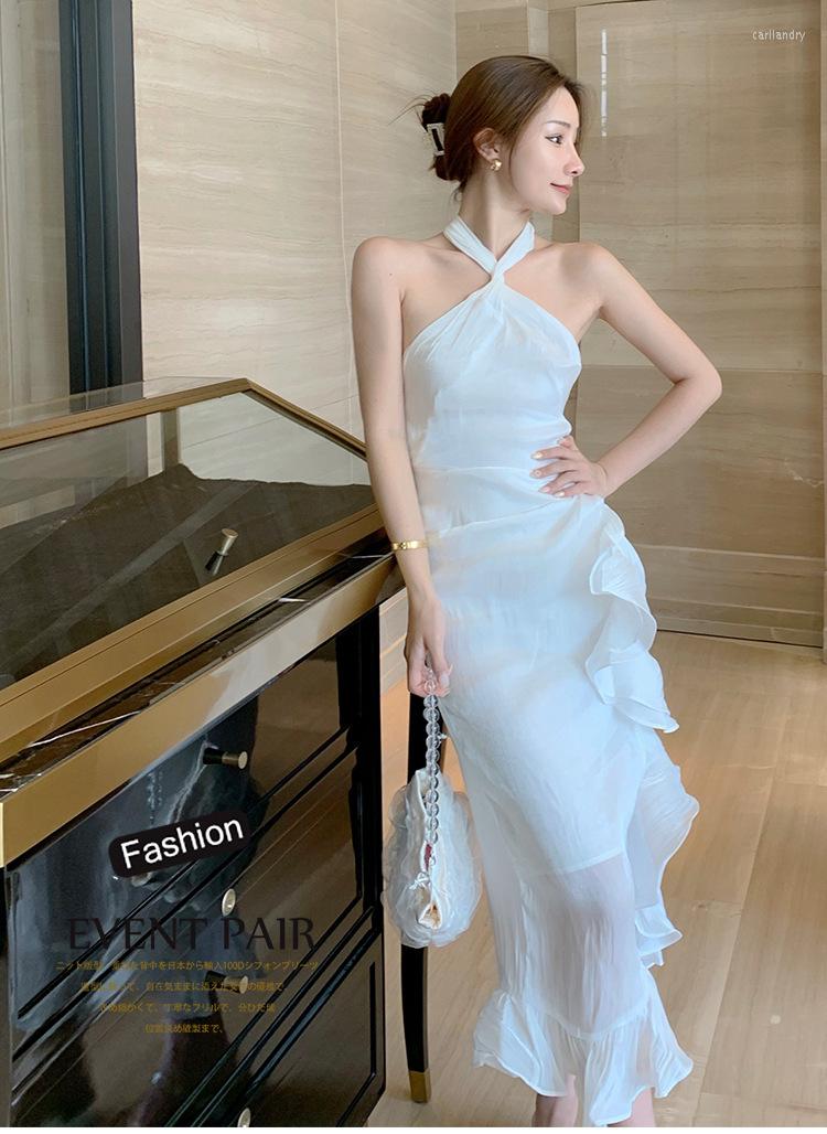 

Casual Dresses 2022 Summer Women Elegant White Sexy Backless Fishtail Midi Dress Ruffle Retro Luxury Ladies Clothing