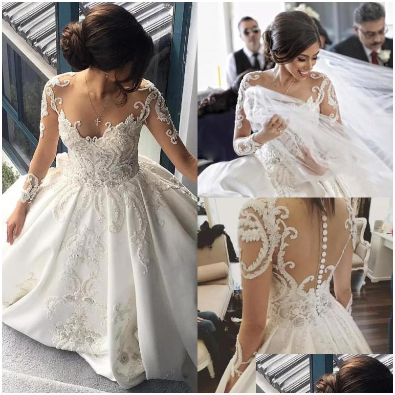 

Ball Gown Wedding Dresses Bead Sexy See Through Vestido De Novia Plus Size Lace Long Sleeve Dress Drop Delivery Party Events Dhqzt, Ivory