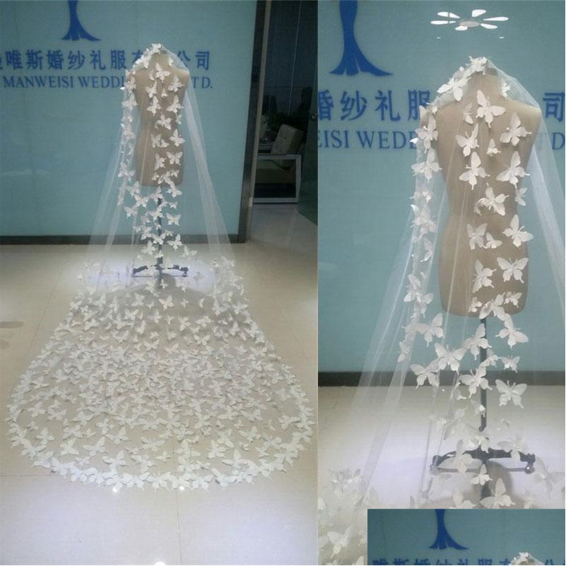 

Bridal Veils In Stock Wedding Butterfly Appliques White Ivory Sheer Tle One Layer Long Veil With Combs Real Image Custom Made Drop D Dhlth