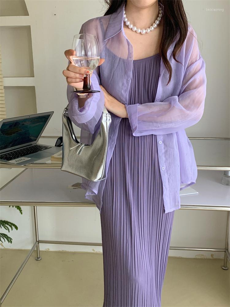 

Work Dresses Korean Dress Suits For Women Two Piece Set Outfits Thin Shirt Cardigan Spaghetti Strap Pleated Ensemble Femme 2 Pieces, Picture color set