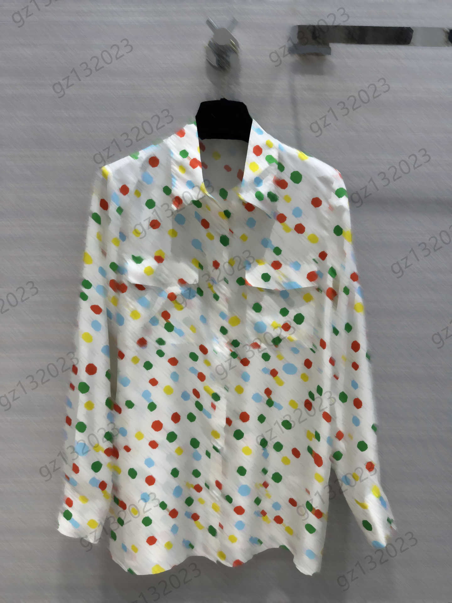 Womens Blouses Tops Vintage Color Wave Point Print Lapel Blouse Button Flap Pockets Long Sleeve Regular Shirts Fashion Designer Women Clothes-image-829550589