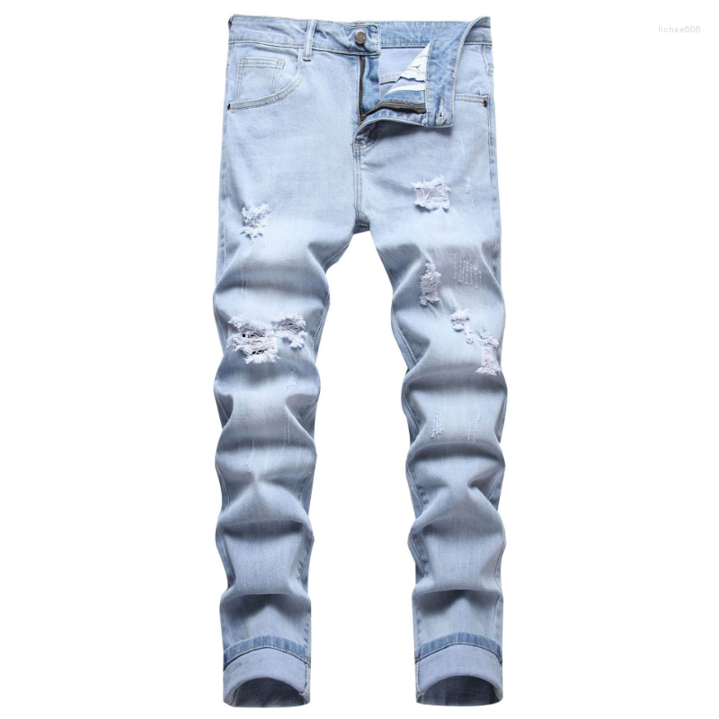 

Men's Jeans Light Blue Ripped Men Fashion Slim Fit Pants Vintage Distressed Fringe Straight Leg Man Casual Skinny Denim Trousers