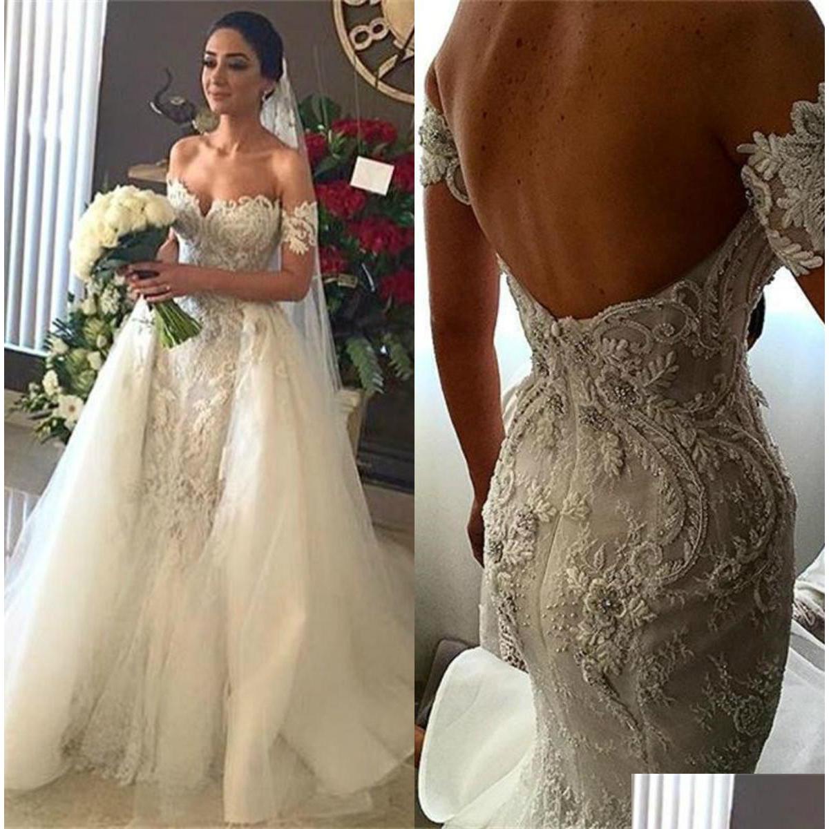 

A-Line Wedding Dresses Sexy Lace With Removable Tle Overskirt Mermaid Backless Off The Shoder Bridal Gowns Long Train Drop Delivery Dh9Uh, Pink