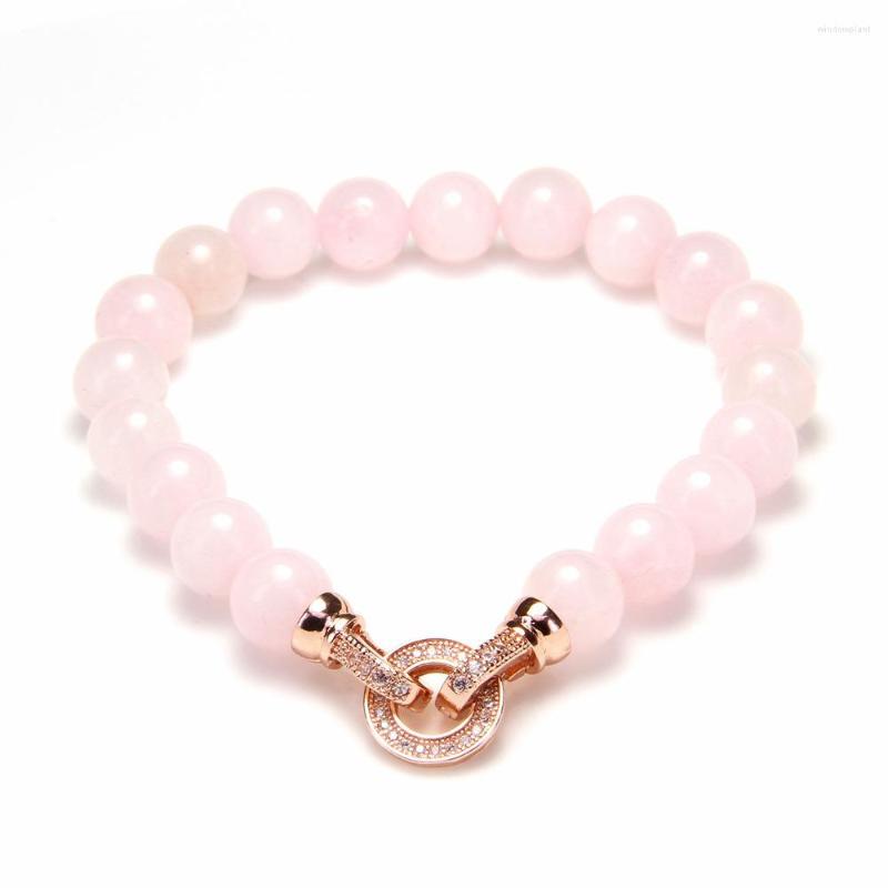 

Link Bracelets 8mm Rose Pink Quartz Bead With Gold Color Macro Paved CZ Circle Clasp Romantic Jewelry Gift Women