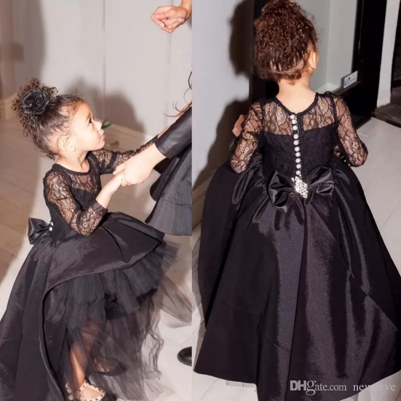 

New Black Ball Gown Flower Girl Dress Hi Lo Little Gowns Long Sleeves Pageant Dresses With Big Bow, Blue