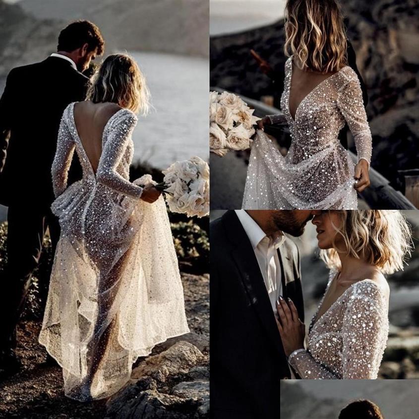 

A-Line Wedding Dresses Sexy Sparkly Stunning Long Sleeve A Line Sheer Neck Sleeves Sequined Beach Dress Bridal Gown Vestido 217L Dro Dhiqz, Black