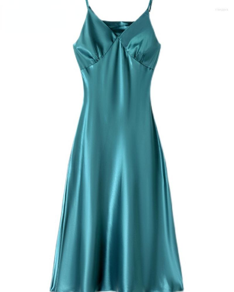 

Casual Dresses 2022 Womens Luxury Satin Spaghetti Strap Dress For Party Sexy V Neck Camisole Base Midi Vestidos Elegant Ladies Sleeveless, Black