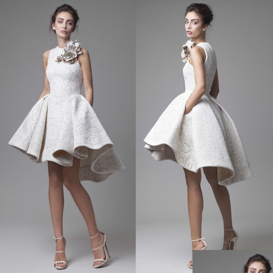 

A-Line Wedding Dresses Krikor Jabotian Jewel Lace Appliques Sleeveless High Low Bridal Gowns Short Aline Beach Dress With Flower Dro Dhsyw, Black