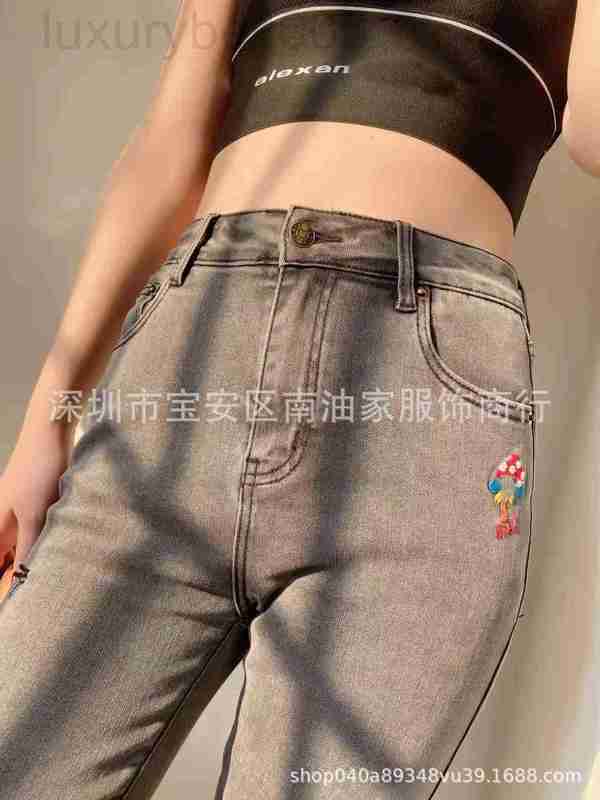 

Women' Jeans designer Elastic G Mushroom Head Pattern Broken Grey Little Feet Pants Leather Brand Design Women Fashion FMOJ, Gray7