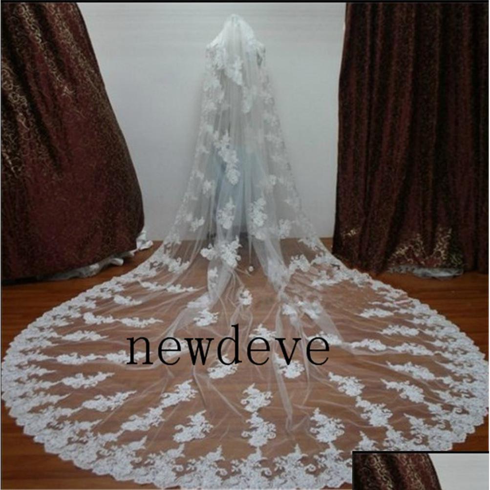 

Bridal Veils New Custom Made Wedding Two Layers Ivory Lace Applique Purfle Comb Chapel Drop Delivery Party Events Accessories Dh0Sa, White