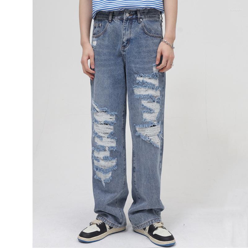 

Men' Jeans High Quality Po Tattered Summer Thin Straight Loose Fashion Label Ins Street American Men' Trousers, Blue