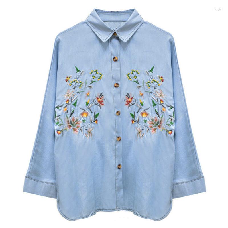 

Women's Blouses PERHAPS U Jean Denim Blue Floral Embroidery Turn Down Collar Button Shirt Long Sleeve Casual Women B0164, Picture shown