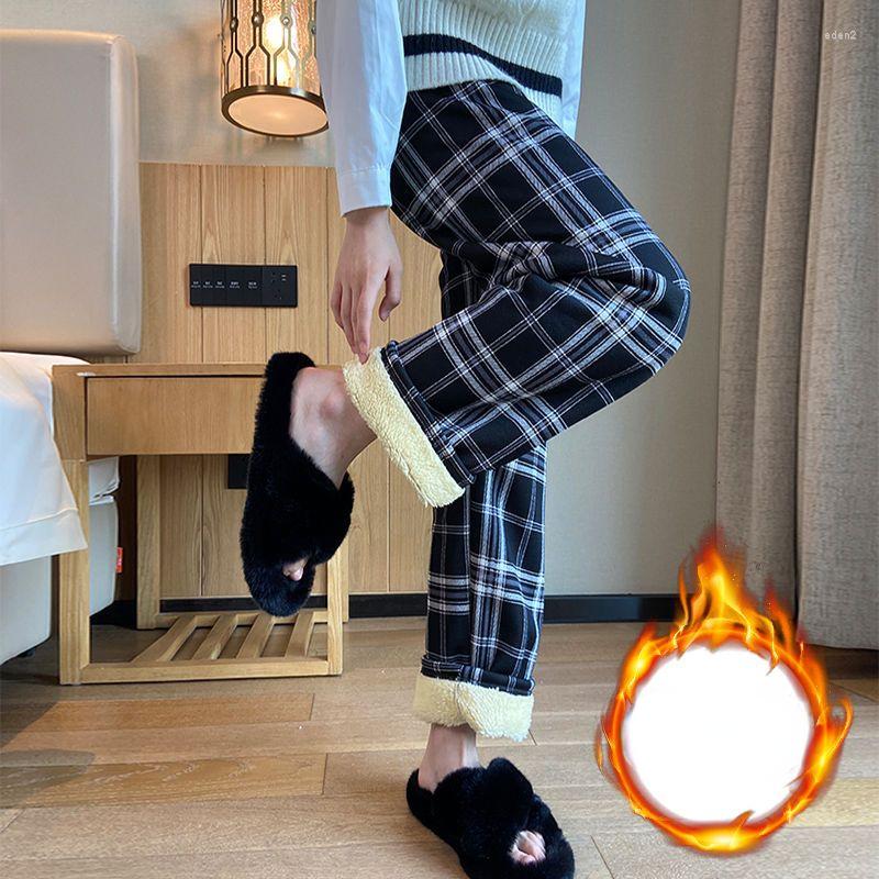 

Women' Pants 2022 Korean Fashion Padded Thickened Wide Leg Winter Lambswool Plaid Female High Waist Casual Straight, Black