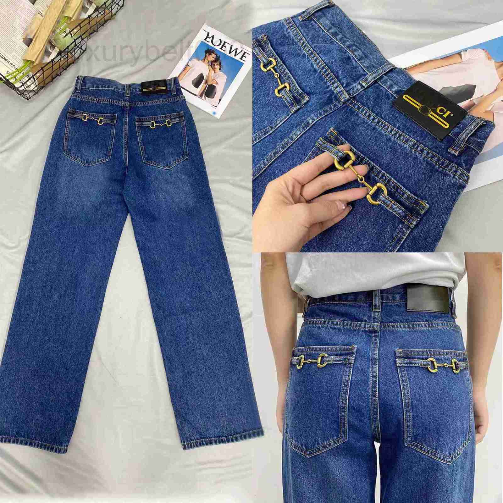 

Women' Jeans designer Correct This G22 Autumn New Double Horse Buckle Chain High Waist Slim Straight Women 0YV0, Blue12