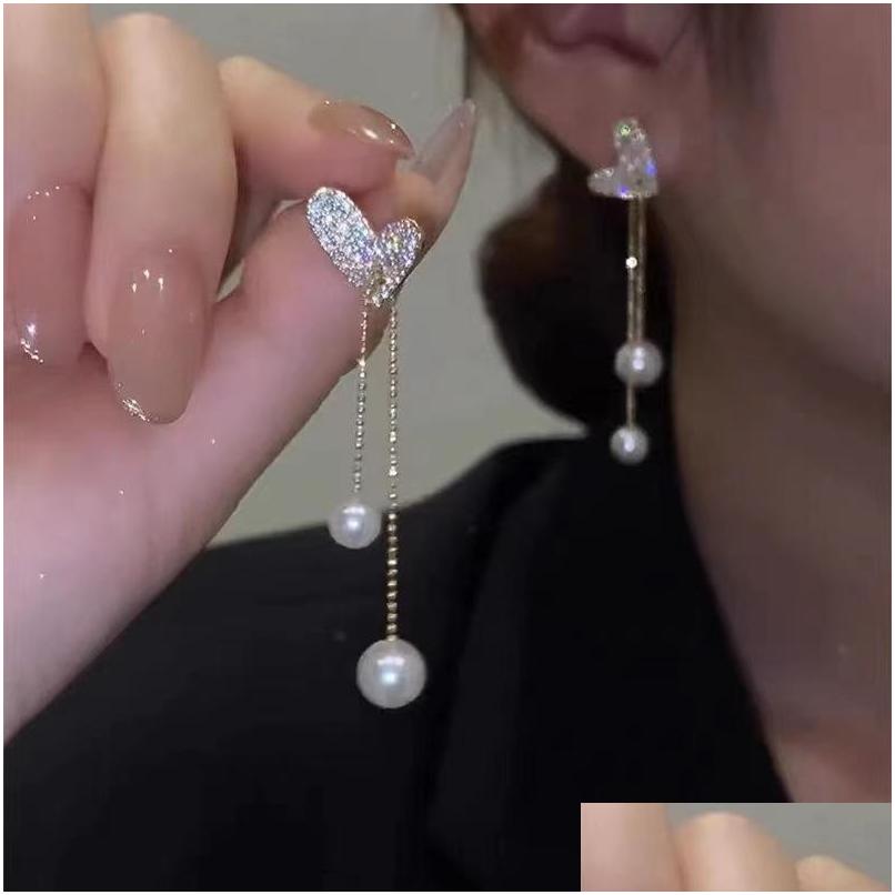 

Dangle Chandelier Fashion Jewelry S925 Sier Needle Diamond Heart Faux Pearl Earrings For Women Long Tassel Stud Drop Delivery Dhxrf