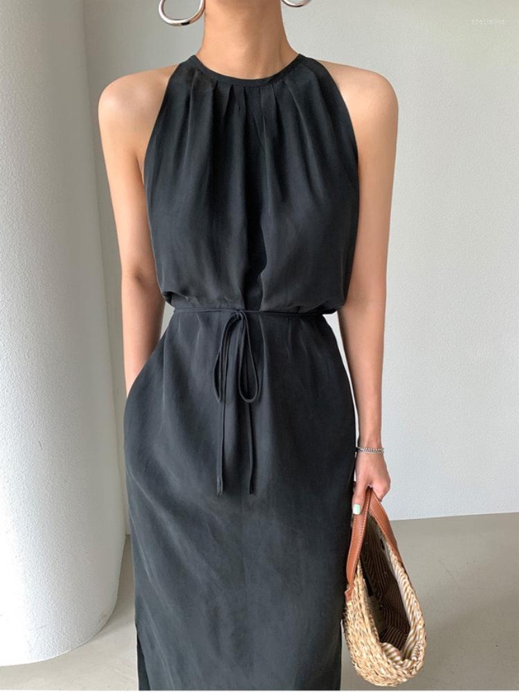 

Casual Dresses Women Summer Vintage Midi Dress 2022 Korean Style Sleeveless Sexy O-neck Slit Beach Long With Belt Elegant Vestidos, Black