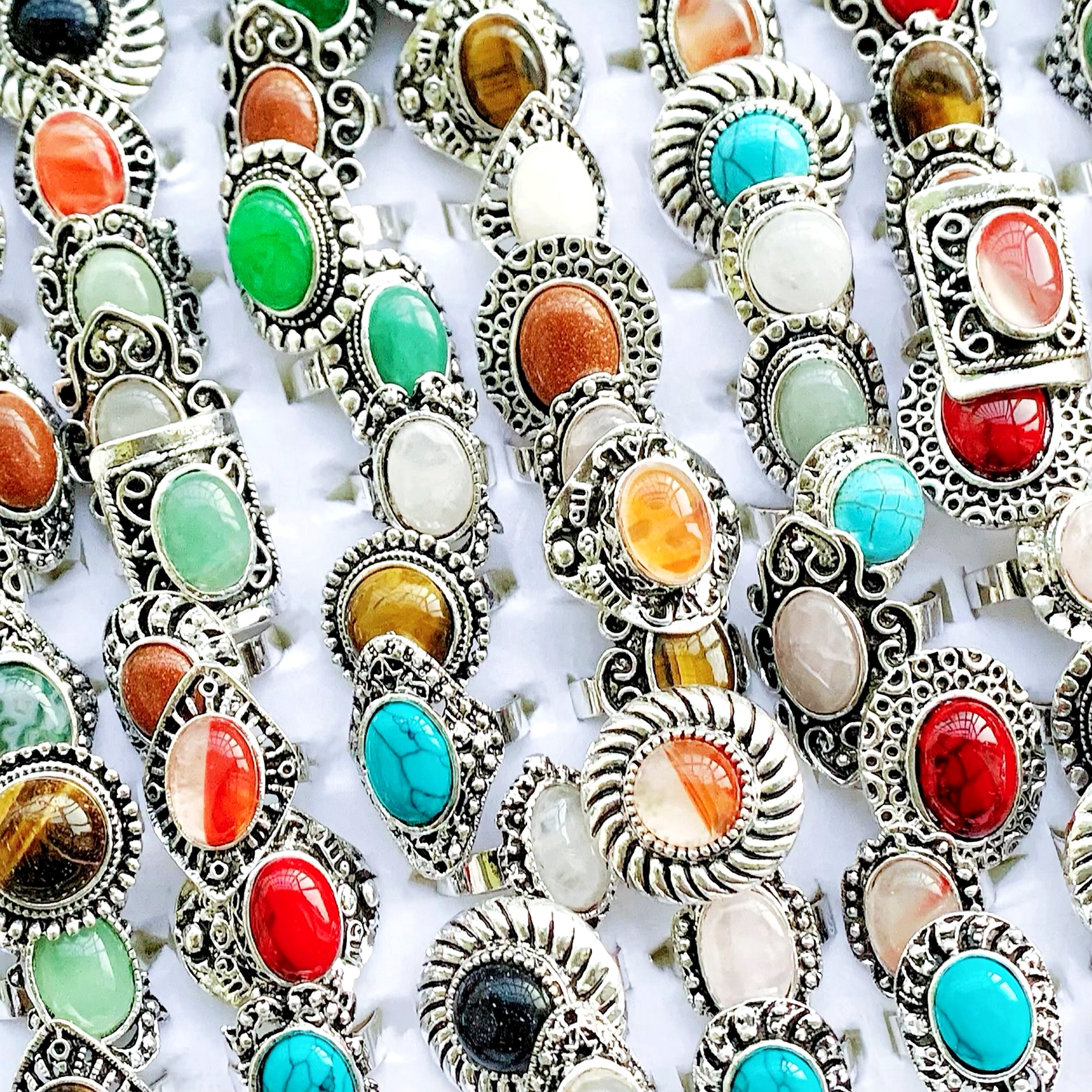 

20pcs/Lots Colorful Natural Stone Crystal Vintage Rings For Women Open Adjustable Antique Silver Fashion Wedding Party Finger Jewelry Gift Wholesale Bulk Lots