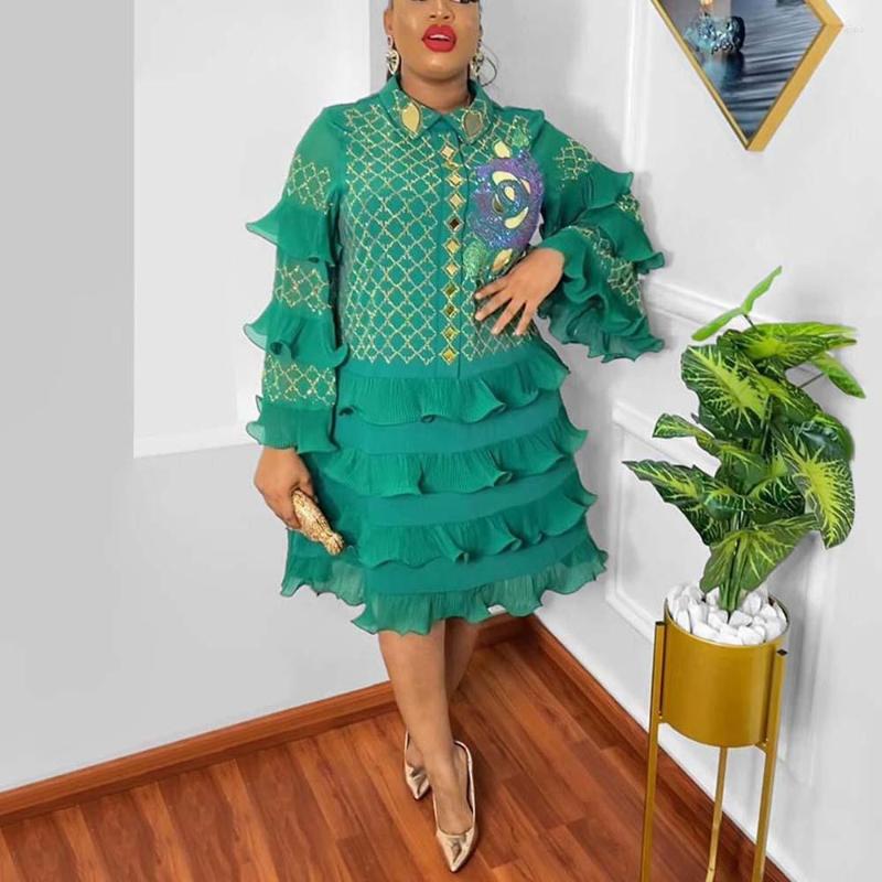 

Plus Size Dresses 4XL 5XL For Women Ruffles Diamond Full Sleeve Knee Length Large Luxury Birthday Party Dinner Vestidos Mujer, Green dress