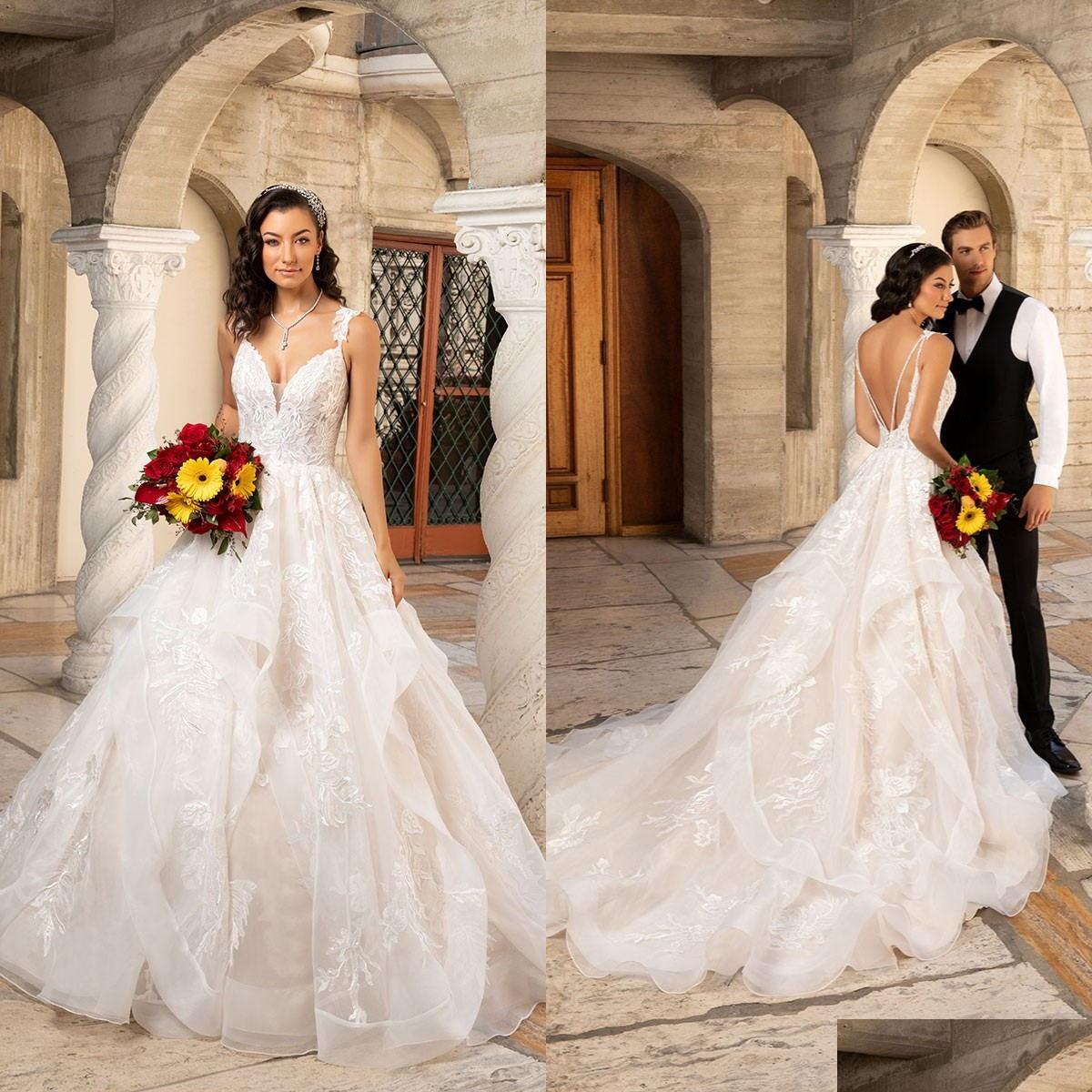 

A-Line Wedding Dresses Kitty Chen 2021 V Neck Lace Appliques A Line Bridal Gowns Button Back Sweep Train Dress Vestidos De Novia Dro Dhs9J, Same as image