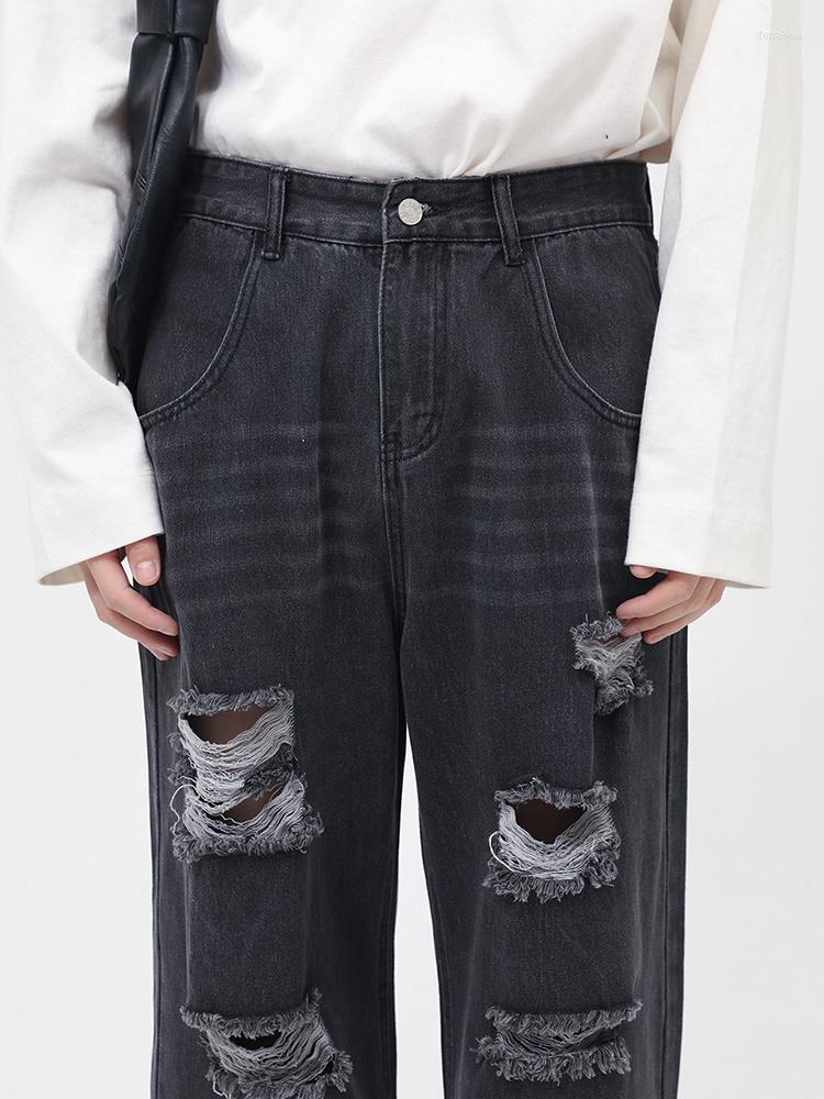 

Men' Jeans Korean Wear Men' Fashion Loose Wornout Rough Design Trend Personalized 2023 Solid Color Male Trousers 2A6835, Smudge