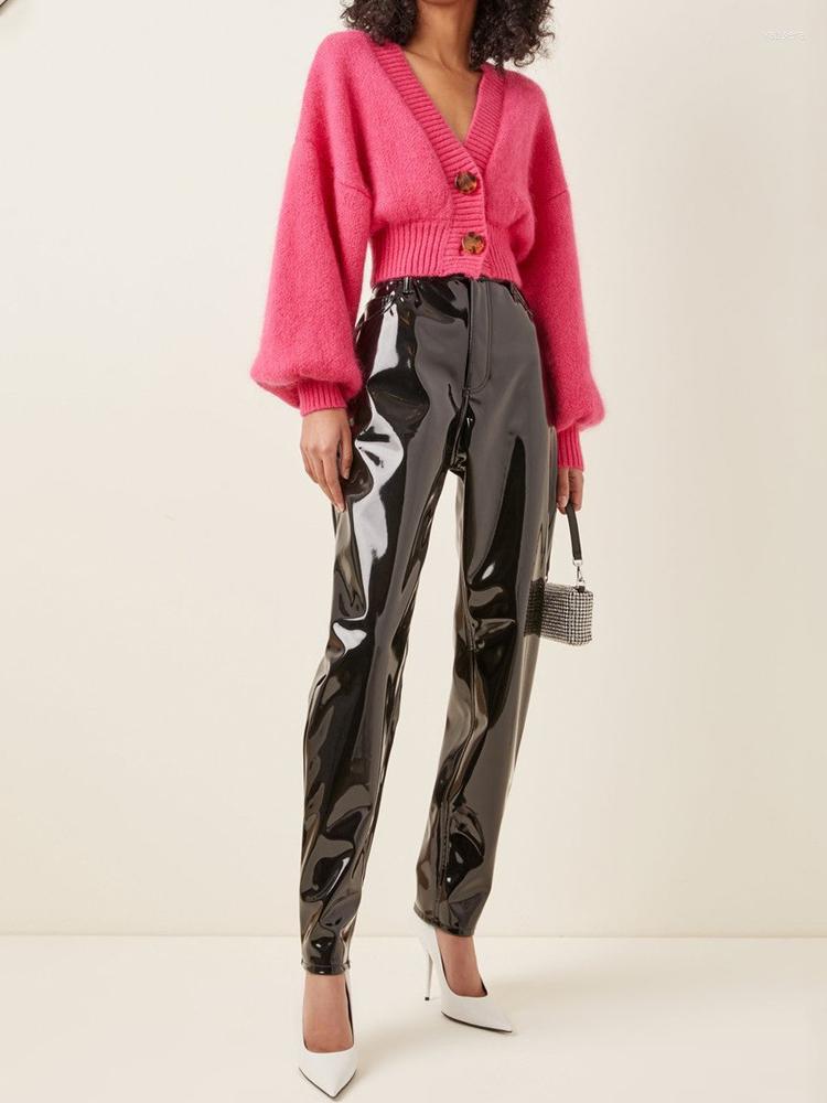 

Women' Pants Tie Girls Streetwear Shiny Leather Women Spring Autumn Casual High Waist Black Faux Ankle Length Harem