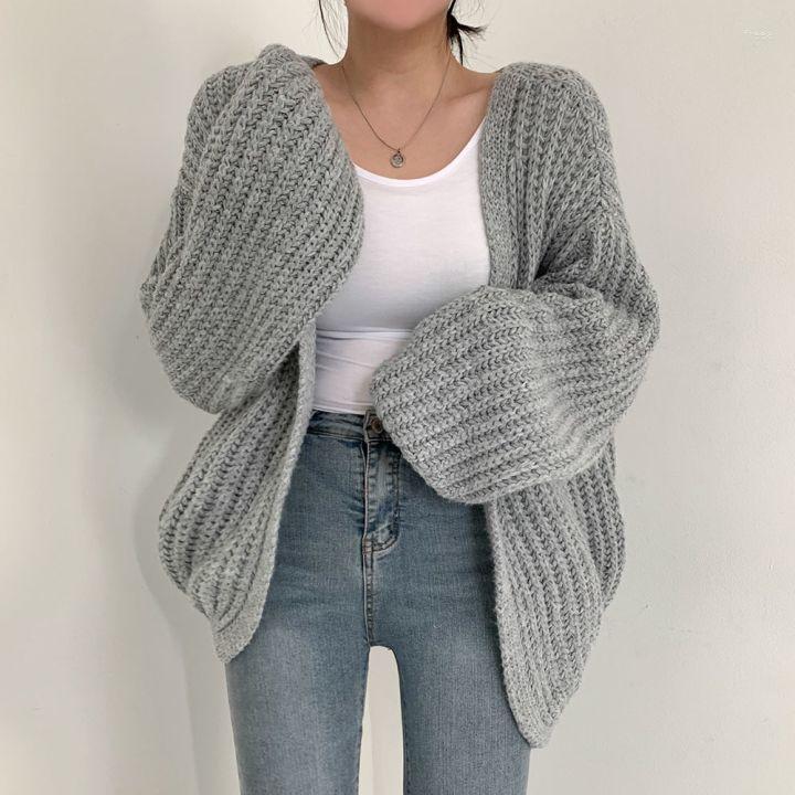 

Women's Knits Autumn Winter Sweater Cardigans Loose Long Sleeve Solid Color Casual Knitted Coat Women Korean Style Vintage Knitwear Jacket, Black