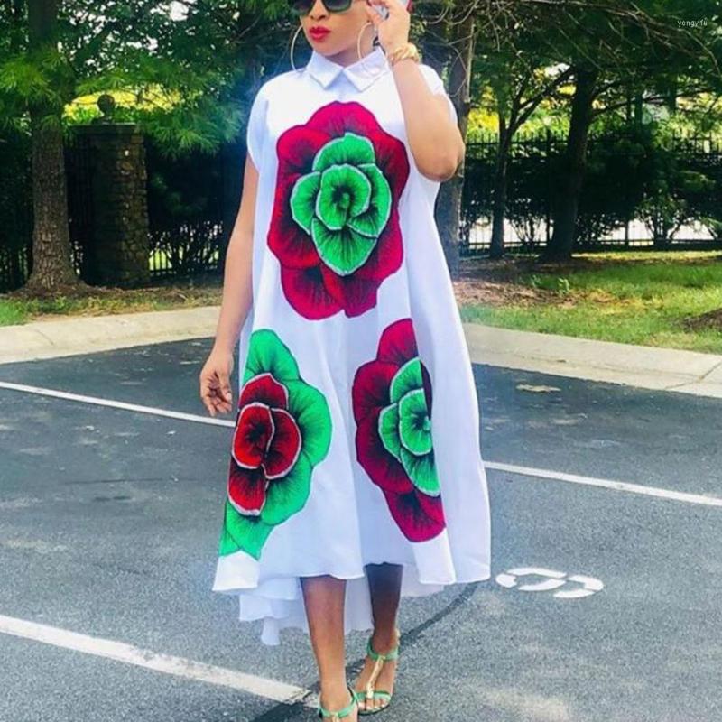 

Casual Dresses Fashion Summer White For Women Floral Printed Turn Down Collar Sleeveless Loose Mid Calf Evening Party Vestidos Mujer, White dress