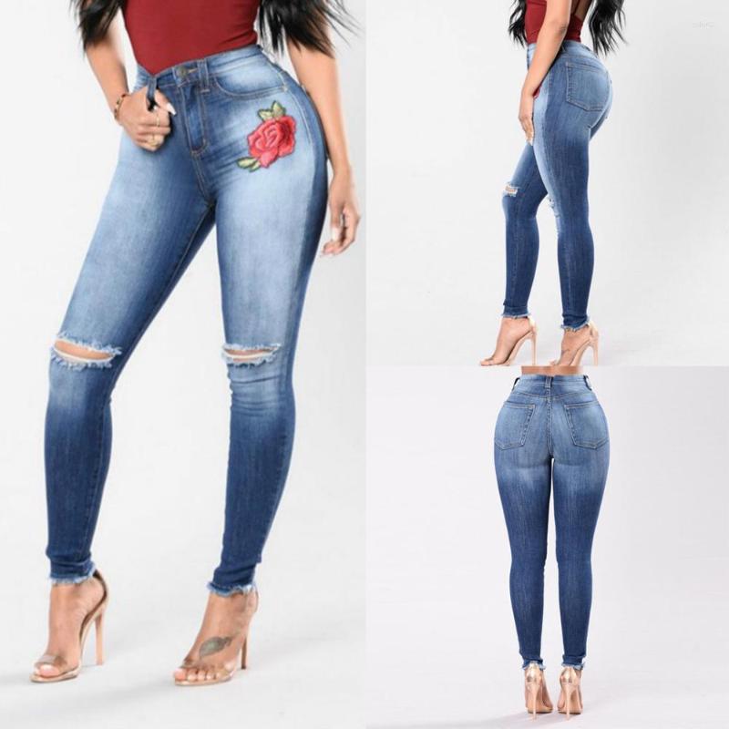 

Women' Pants High Quality Fashion Women Hole Embroidere Waist Elastic Jeans Slim Fit Washed Denim Cowboy Pencil Trousers, Blue