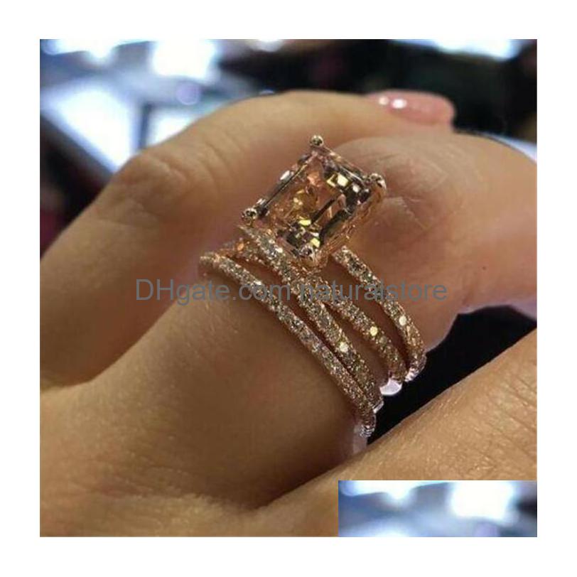 

Band Rings New Rec Diamond Women Fashion Rose Gold Charm Ring Engagement Shining Jewelry Birthday Xmas Gifts Drop Delivery Dhuuc
