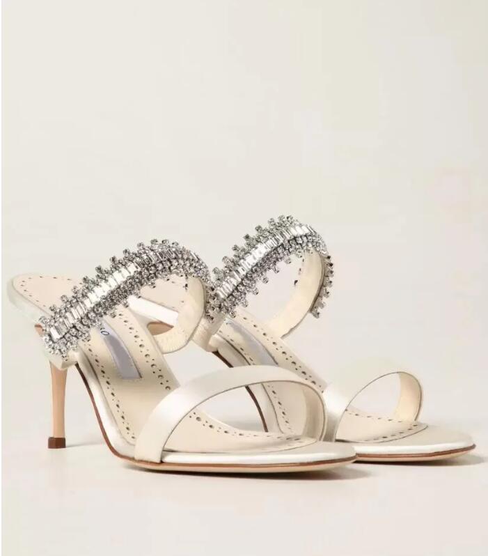 

Brands Nice Sako Silk Crystal Embellished Sandals Shoes Women Lady Sandalias Slip On Mules High Heels Sexy Pumps Party Wedding Dress