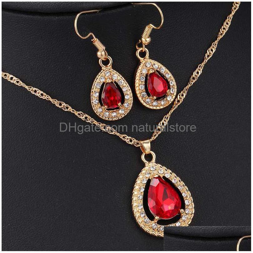 

Earrings Necklace 18K Gold Plated Crystal Paved Ruby/Emerald/Sapphire Teardrop Dangle Jewelry Sets For Women Drop Delivery Dhpkd, Multi